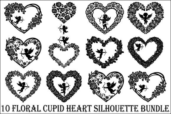 10 Floral Cupid Heart Silhouette Bundle: Romantic Design Assets