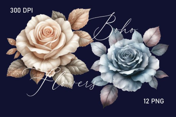 Blue Boho Watercolor Flowers Clipart: Dreamy Elegance
