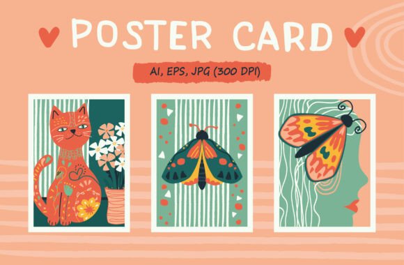 Boho Cat & Mystical Moth Wall Art Set: Artistic Soul for Your Projects