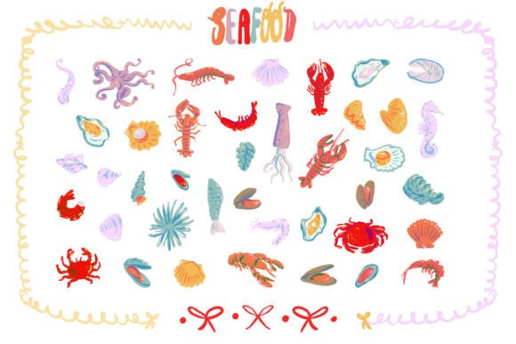 Colorful Hand Drawn Seafood Collection: A Fresh Catch for Creative Projects
