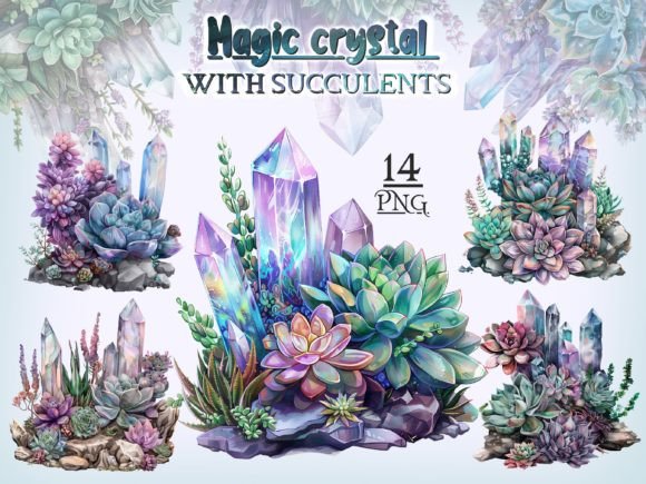 Crystals with Succulents PNG Bundle: Botanical Enchantment for Designers