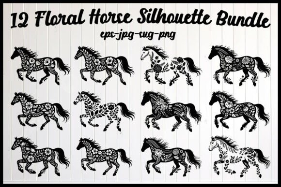 Gallop Into Creativity: The 12 Floral Horse Silhouette Bundle