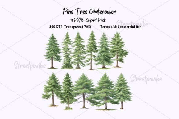 Timeless Forest Charm: The Pine Tree Watercolor Clipart PNG Pack