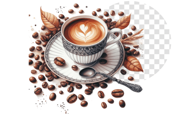 Watercolor Coffee Cup Beans Scene: Cozy Aesthetic